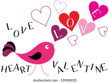 romantic vector background with bird and hearts, valentine card with colorful motives and place for your text isolated on white