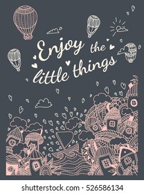 Romantic vector background with city, sea, flowers, clouds and air balloon. Enjoy the little things postcard. Wedding invitation.
