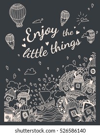 Romantic vector background with city, sea, flowers, clouds and air balloon. Enjoy the little things postcard. Wedding invitation.