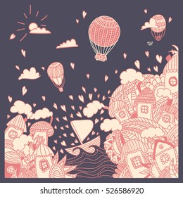Romantic vector background with city, sea, flowers, clouds and air balloon. Wedding invitation.