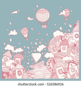 Romantic vector background with city, sea, flowers, clouds and air balloon. Wedding invitation.