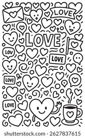 A romantic vector background displays love doodles with signs, hearts, and the word “love” drawn in various handwritten, casual, and artistic styles.

