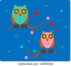  Romantic vector background with owls on branch 
