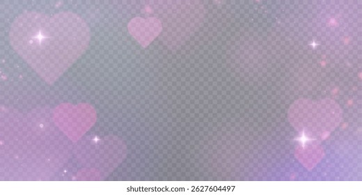 Romantic vector background with soft glowing hearts and delicate pink glitter sparkles on transparent background. For Valentine's Day cards, wedding designs or love themes.