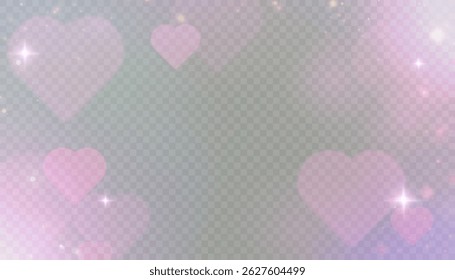 Romantic vector background with soft glowing hearts and delicate pink glitter sparkles on transparent background. For Valentine's Day cards, wedding designs or love themes.