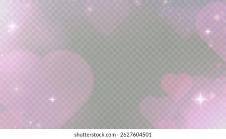Romantic vector background with soft glowing hearts and delicate pink glitter sparkles on transparent background. For Valentine's Day cards, wedding designs or love themes.
