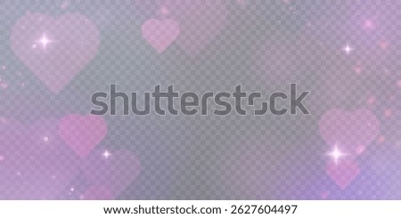 Romantic vector background with soft glowing hearts and delicate pink glitter sparkles on transparent background. For Valentine's Day cards, wedding designs or love themes.