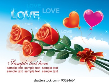 romantic vector with balloons heart in blue sky and with roses