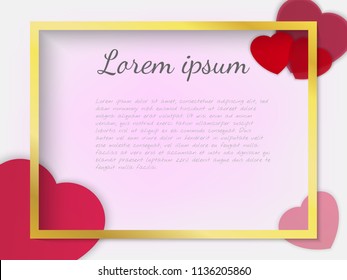 Romantic vector banner. Realistic gold frame on stylish modern background. Red paper hearts. Place for your text. Elegant mesh background. High quality blank. Valentines day wedding. 