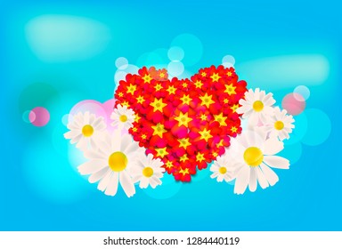 Romantic vector blurry bokeh background in blue sky and candy pink colors with light lense splashes and bouquet of primula and daisy flower for greeting card design, poster or flyer valentines day