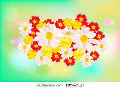 Romantic vector blurry bokeh background in soft pastel colors with light lense splashes and bouquet of primula and daisy flower for greeting card design, poster or flyer valentines day