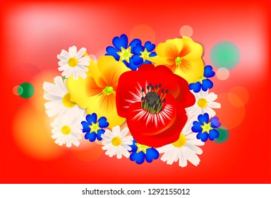 Romantic vector blurry bokeh background in red color with light lense splashes and bouquet of primula, poppy and daisy flower for greeting card design, poster or flyer valentines day