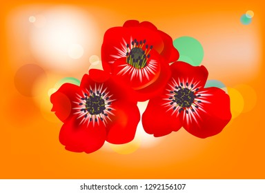 Romantic vector blurry bokeh background in bright orange colors with light lense splashes and bouquet of poppy flower for greeting card design, poster or flyer valentines day
