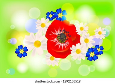 Romantic vector blurry bokeh background in fresh green color with light lense splashes and bouquet of primula, poppy and daisy flower for greeting card design, poster or flyer valentines day