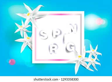 Romantic vector blurry bokeh background in blue sky and candy pink colors with light lense splashes and bouquet of white flower for greeting card design, poster or flyer happy mothers day