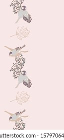 Romantic vector border with birds pecking berries. Vintage hand-drawn style. One of "Birds and Berries" collection patterns.
