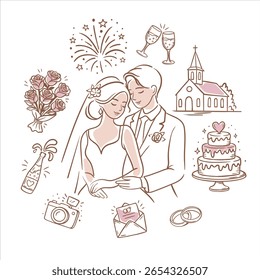 Romantic vector of bride and groom surrounded by wedding symbols: cake, champagne, bouquet, fireworks, rings, camera, envelope, church. Perfect for invitations and deco