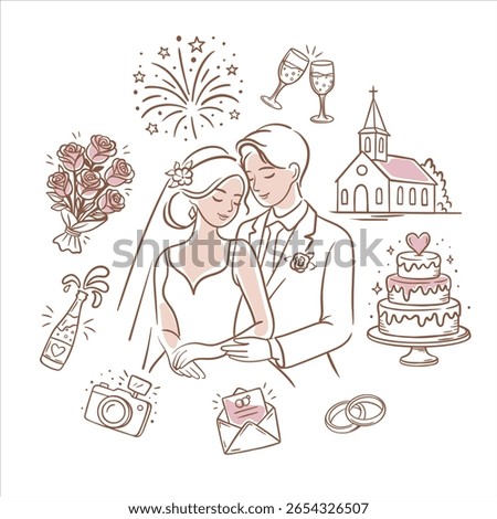 Romantic vector of bride and groom surrounded by wedding symbols: cake, champagne, bouquet, fireworks, rings, camera, envelope, church. Perfect for invitations and deco