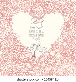 Tarjeta vectorial romántica con pájaros lindos. Guarda la tarjeta de fecha. Ideal para la invitación a la boda. Corazón de flores de estilo vintage