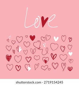 Romantic vector card filled with hand drawn hearts and minimal lettering. Feminine love illustration for Valentine's Day greetings, social media posts, advertising campaigns, romantic visual content