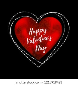 Romantic vector card with red mesh heart with imitation of silk drapery and line decor on the black background. Text Happy Valentines Day.