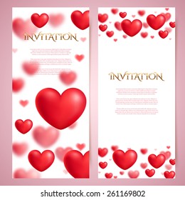 Romantic vector card templates, voucher, certificate, blurred red hearts, vector illustration