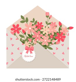 Vector romántico Clipart de un sobre abierto lleno de flores y decoraciones de corazón, con el texto "Con amor"