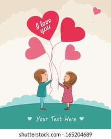 Romantic vector concept. Couple in love with the balloons. 