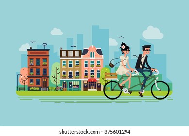 Romantic vector concept illustration on couple going outdoors riding bicycle. Young adult couple riding tandem bike with spring green town street on background