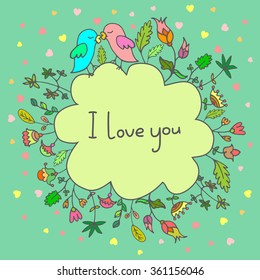Romantic vector with cute doodle birds in love and floral background. Empty space in center for text. Card for Valentines day, wedding, invitation