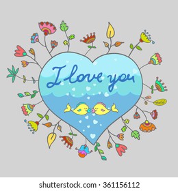 Romantic vector with cute doodle fish in love and floral background. Card for Valentines day, wedding, invitation