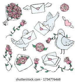 romantic vector doodle set with hand-drawn cartoon pigeons, love envelopes and letters, roses, hearts. graphic decorative elements for Valentine's day. isolated on a white background.