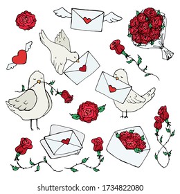 romantic vector doodle set with hand-drawn cartoon pigeons, love envelopes and letters, roses, hearts. graphic decorative elements for Valentine's day. isolated on a white background.