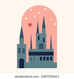 Romantic vector element castle. Valentines day design. Romantic house. Vintage flat style. 