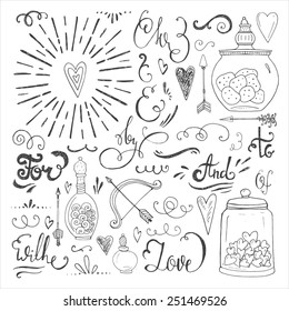 Romantic vector elements. Hand drawn typography, sketched jars and hearts and other objects for valentines card, save the date or wedding card.