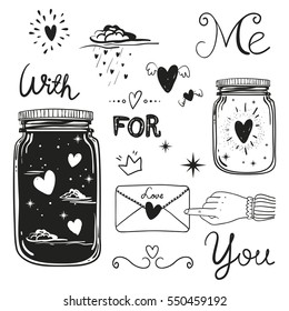 Romantic vector elements. Hand drawn typography, sketched jars and hearts and other objects for valentines card, save the date or wedding card.