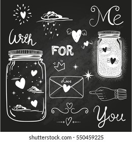 Romantic vector elements. Hand drawn typography, sketched jars and hearts and other objects for valentines card, save the date or wedding card.