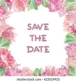 Romantic Vector Floral Frame | Summer tender  invitation template with pink and red peony, lily and lotus flowers with transparent watercolor effect