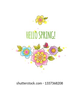 Romantic vector floral vignettes. Fine summer flowers with  ladybird. Place for your text. Bright design element, illustration for Valentines cards,  invitations, greeting cards.