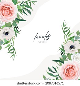 Romantic, vector floral wedding invite, save the date card, greeting template design. Ivory, white, blush pink garden roses, anemone flower, eucalyptus, palm leaves watercolor floral bouquet art frame