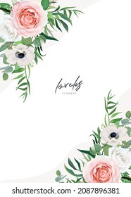 Romántico, vector floral de invitación de boda, guardar la tarjeta de fecha, diseño de plantilla de saludo. Marfil, blanco, rosas de jardín rosadas, flor de anémona, eucalipto, hojas de palma acuarela armazón de arte floral