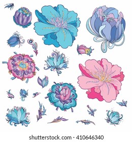 Romantic Vector Flowers Set | Large collection of doodle sketch elegant floral elements for wedding, event, ornament design