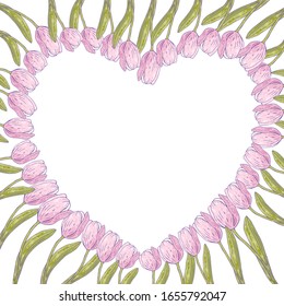Romantic vector frame in the form of a heart made of pink tulip flowers. For various design, print, for postcards. To Valentine's Day.