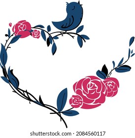 Marco vectorial romántico hecho de flores y ramas, con un pájaro cantante en forma de corazón. Cartel de decoración, viñeta de invitaciones, menús, confesiones.