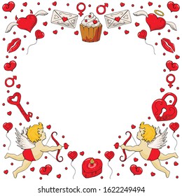 Romantic vector frame in the shape of a heart: cake, key, lock, envelope, lips, angel, demon, Venus, Mars, balloon, Cupid, bow, arrows. Print on clothes, design for Valentine's Day.