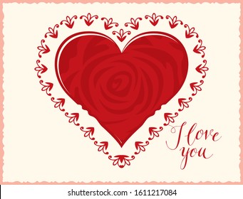 Romantic vector greeting card or banner with a red heart and handwritten inscription I love you. Valentine card with a pattern on the edge of the heart in retro style