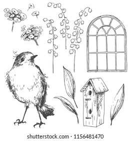 Romantic vector hand drawn collection of birds, flowers, gardening symbols. Robin,  birdhouse, window, may-lily