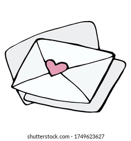 romantic vector hand-drawn cartoon envelope with heart. a single decorative Doodle element isolated on a white background