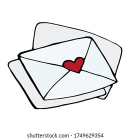 romantic vector hand-drawn cartoon envelope with heart. a single decorative Doodle element isolated on a white background