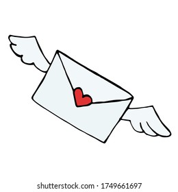 romantic vector hand-drawn cartoon envelope with heart and wings. a single decorative Doodle element isolated on a white background